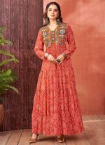 Georgette Maroon Red Navratri Wear Printed Readymade Gown